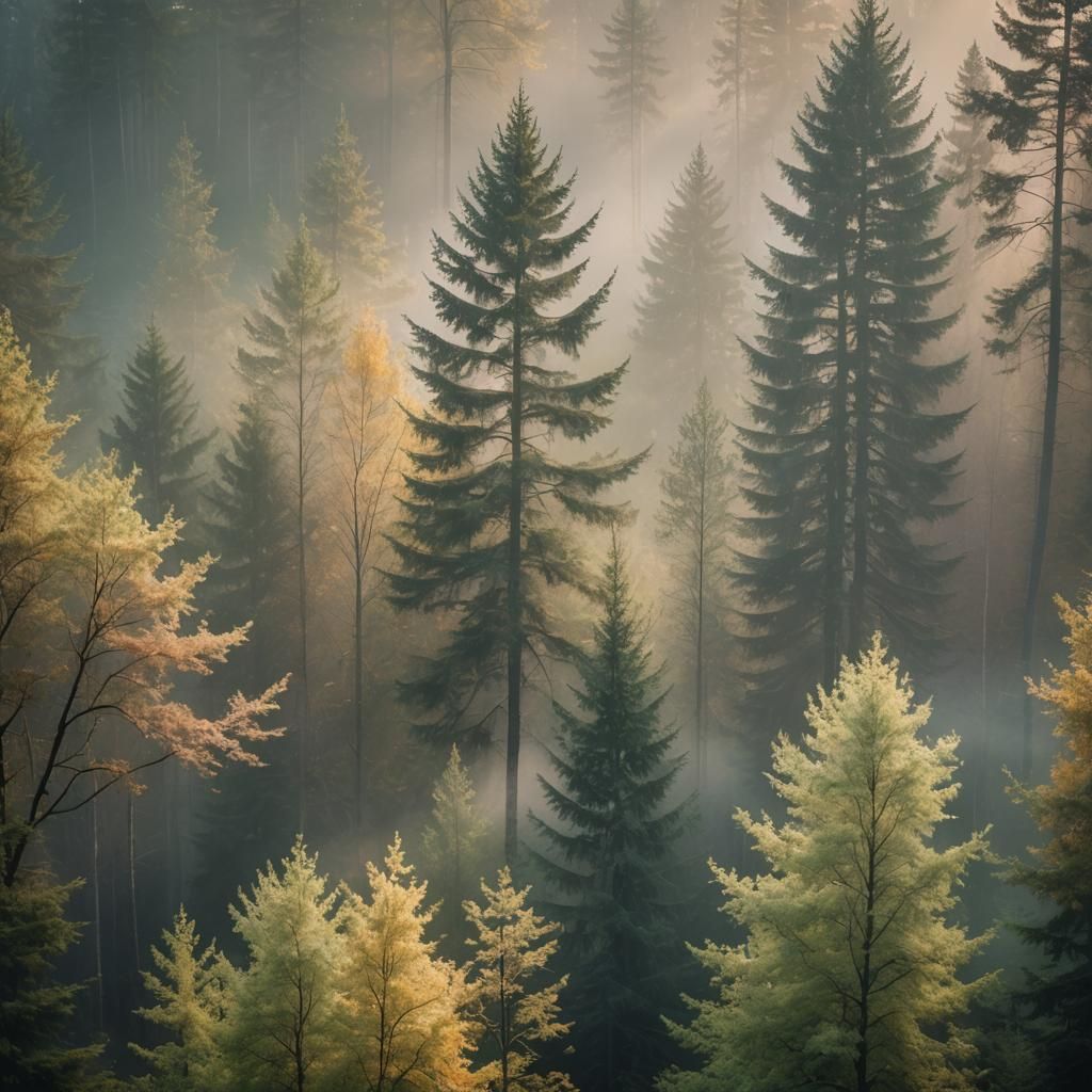 Dreamy Forest: Sunlight Through Mist, Soft Focus Photography
