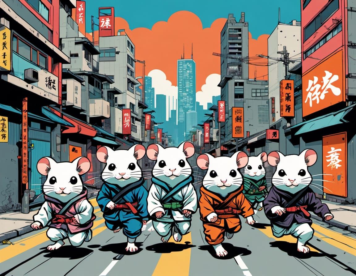 Ninja Hamsters in Manga Ukiyo-e Cityscape