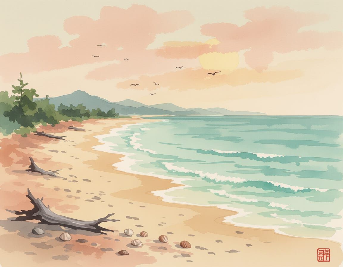 Beach Scene in Traditional Chinese Ink Painting