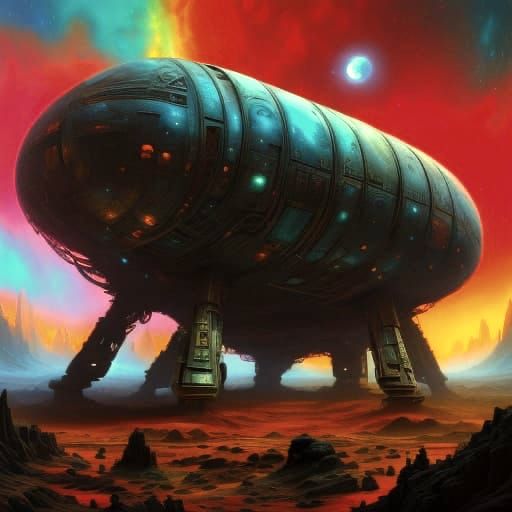 Steampunk Spacecraft on Martian Landscape with Nebula