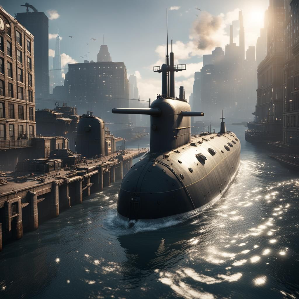 WWII Submarine in New York Harbor: 3D Cinematic Render