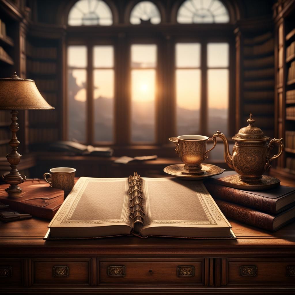 Intricate Old Desk with Book and Tea