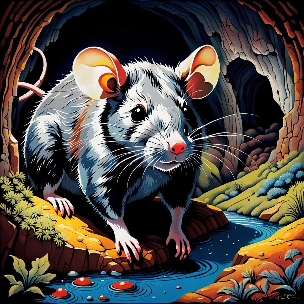 Rat Animal in Cavern: Retro Folk Art Landscape