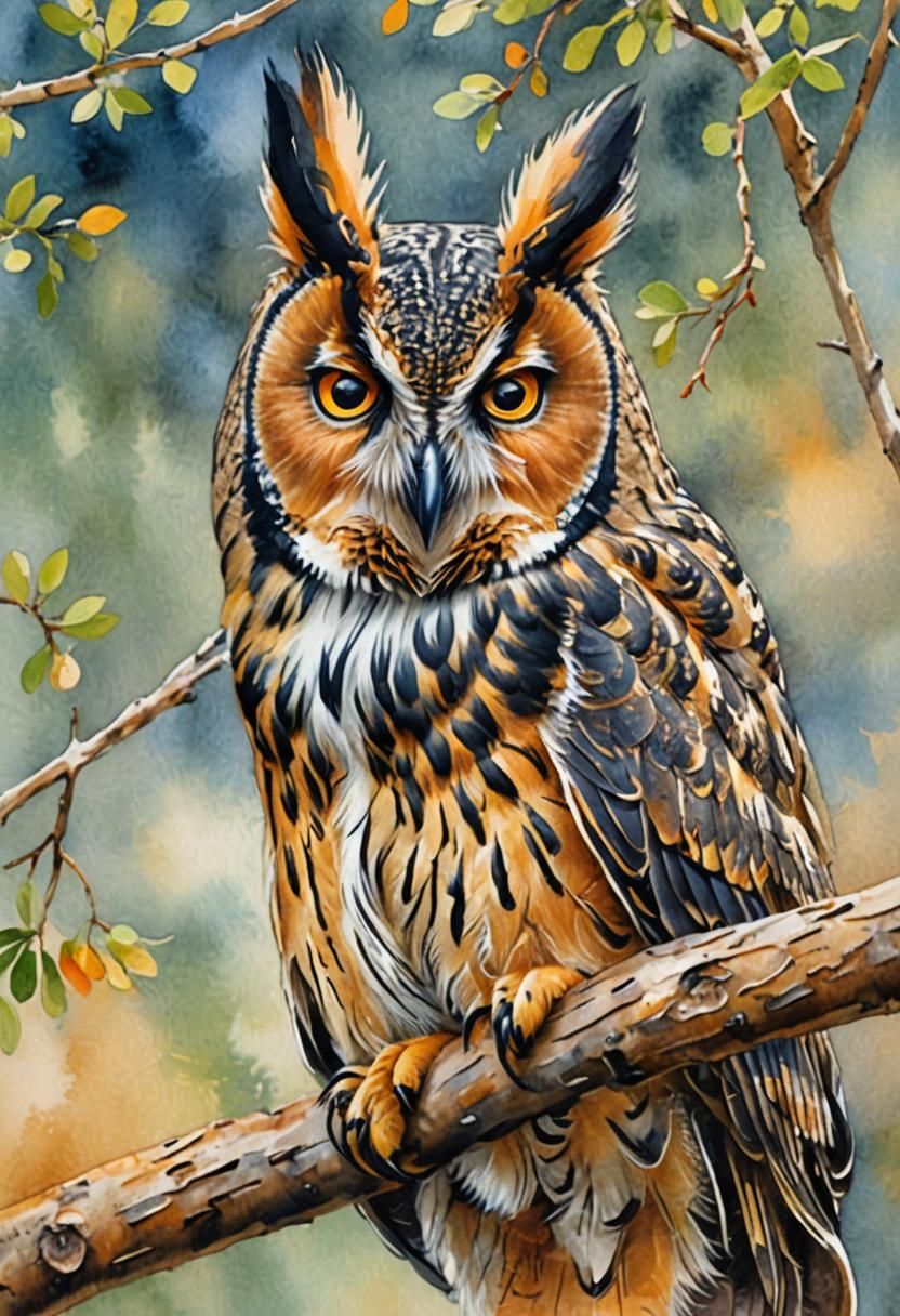 Long-Eared Owl in Gouache Watercolor Style