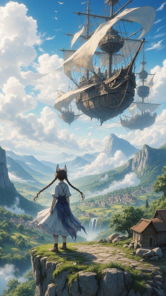 Fantasy Airship Approaches Village Overlook