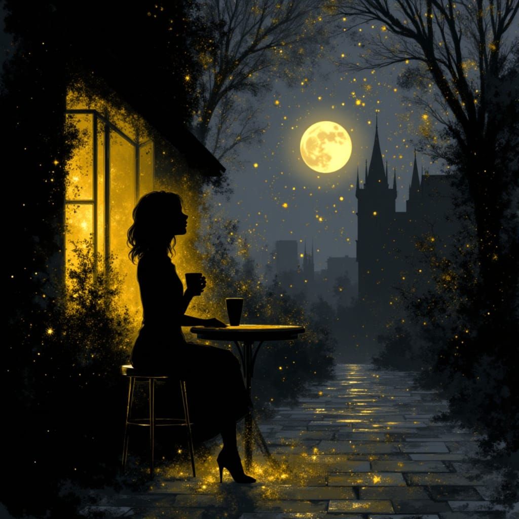 Woman Enjoying Coffee at Moonlit Cafe Terrace