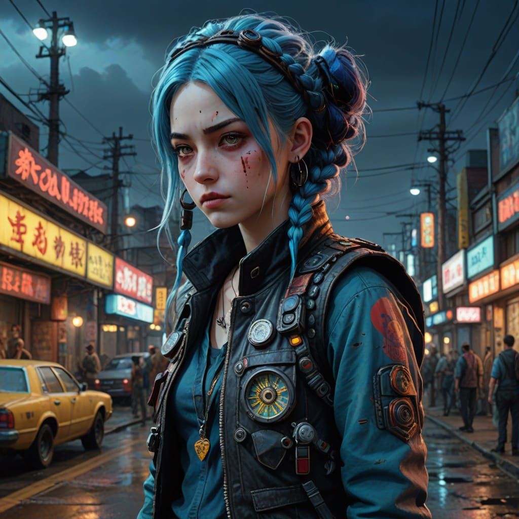 Vibrant Cyberpunk Jinx in Mid-View Portrait