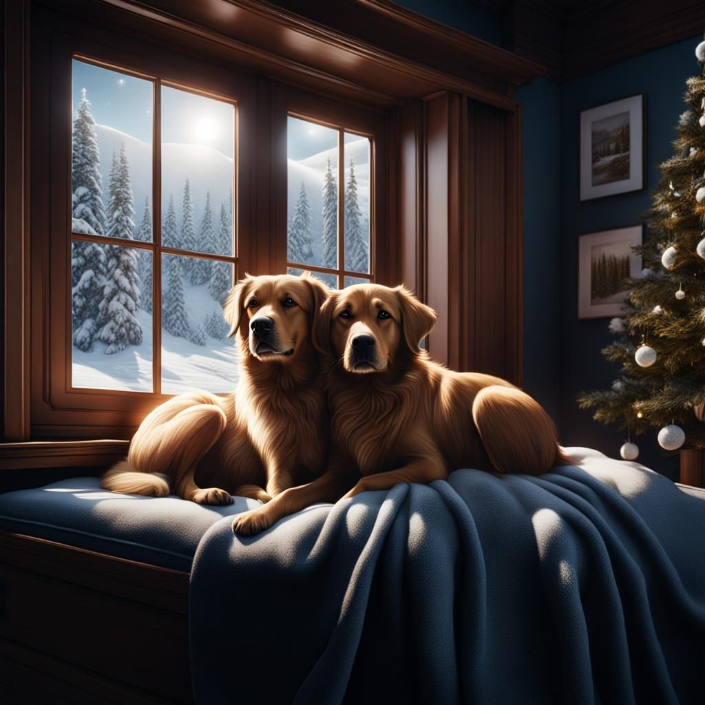 Cozy Dogs Cuddling: Detailed Matte Painting