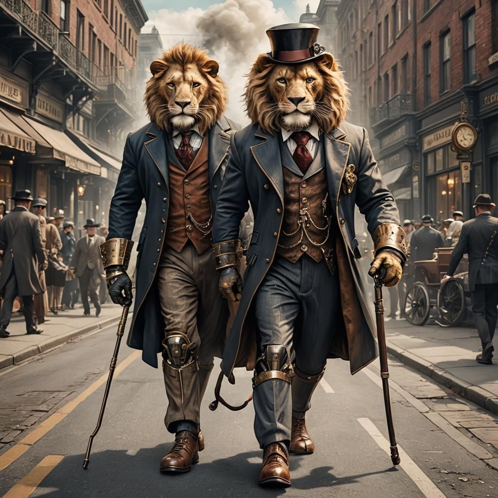 Steampunk Lion Gentleman Walking in City