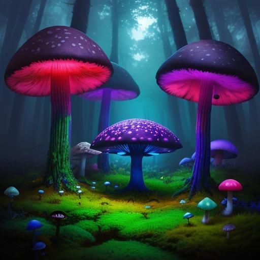 Fantasy Forest with Colored Mushrooms in Synthwave Style