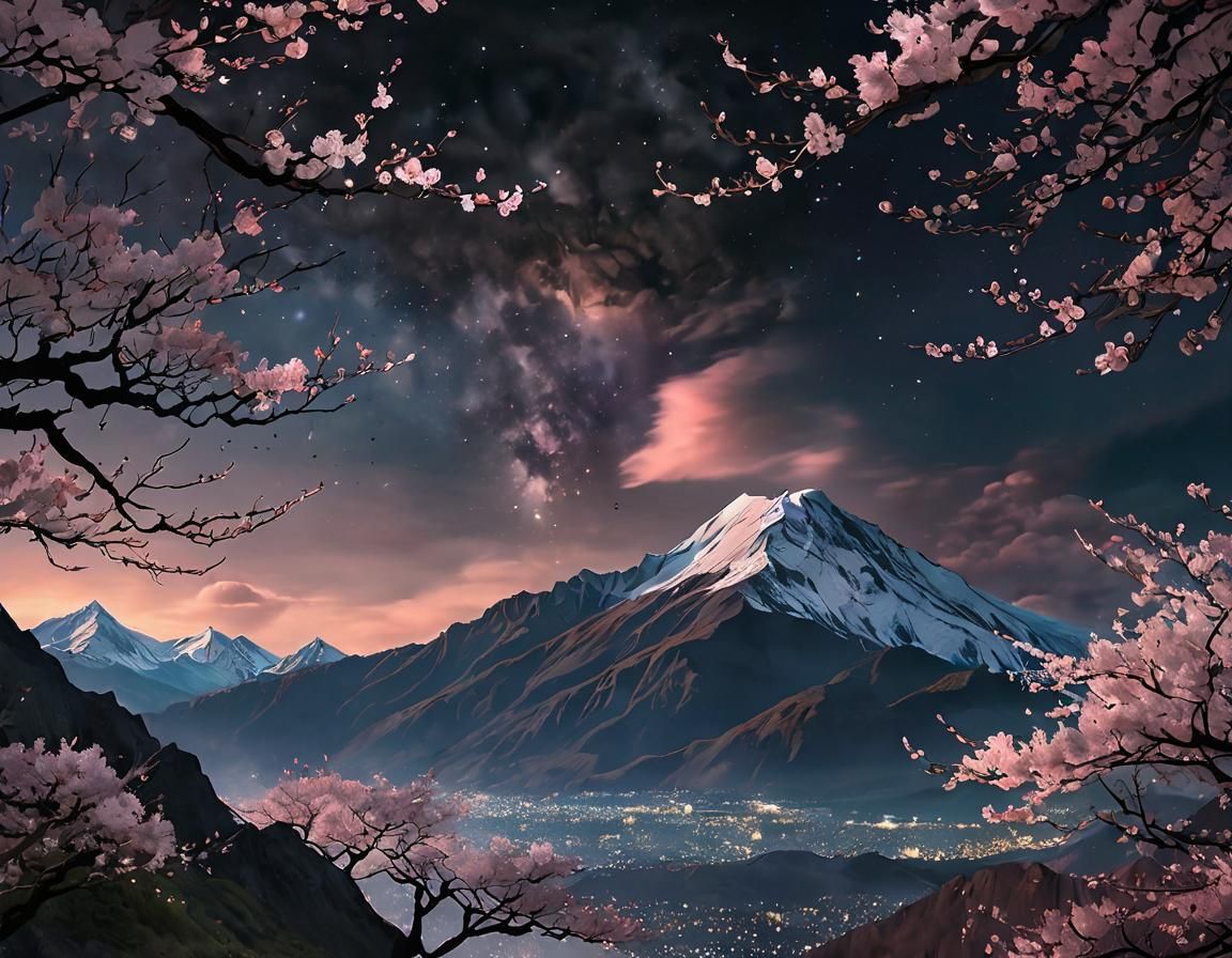Cherry Blossoms Under Aurora Sky: Ethereal Illustration