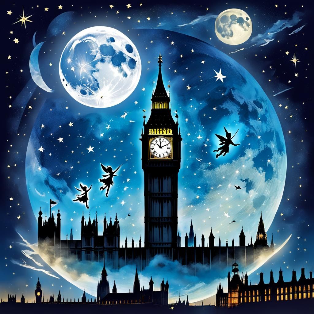 Peter Pan Collage: Whimsical Flight Over London