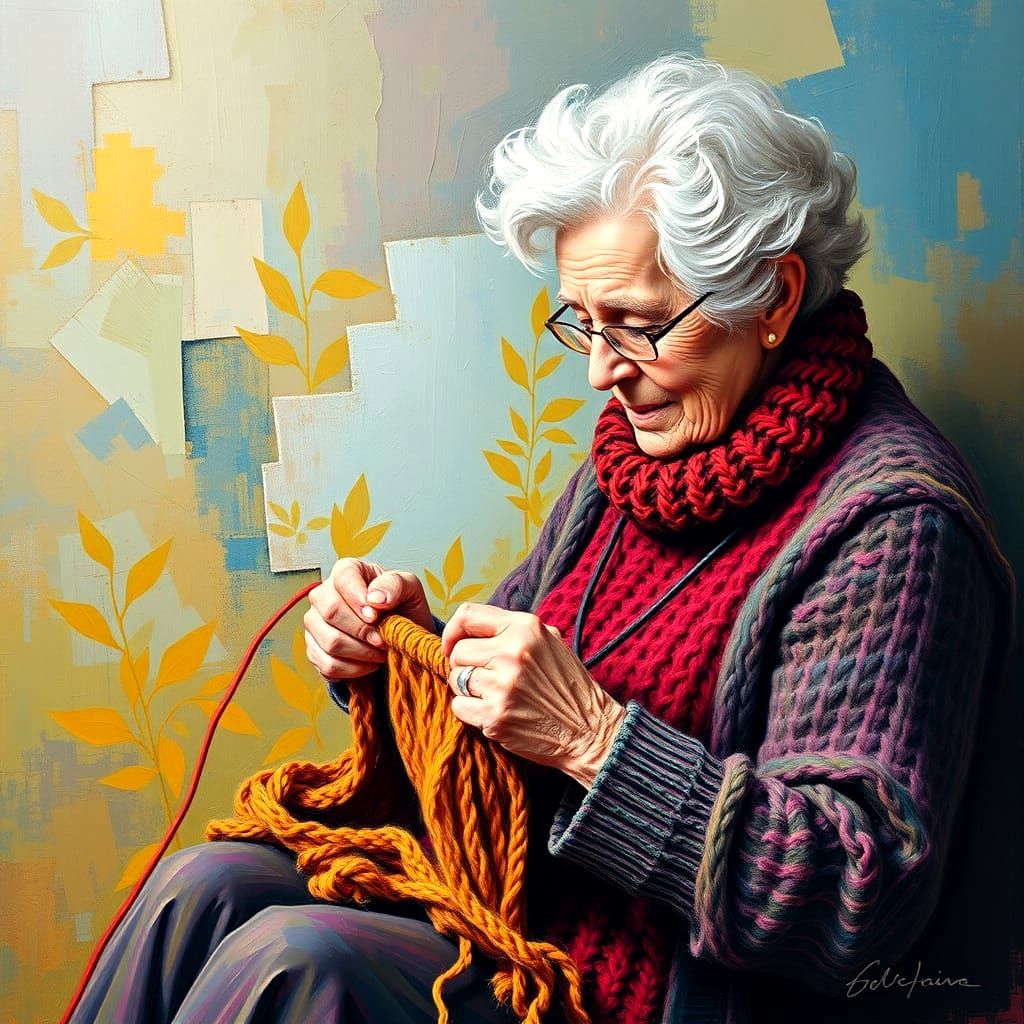 Elegant Knitting Grandma in Vibrant Abstract Art
