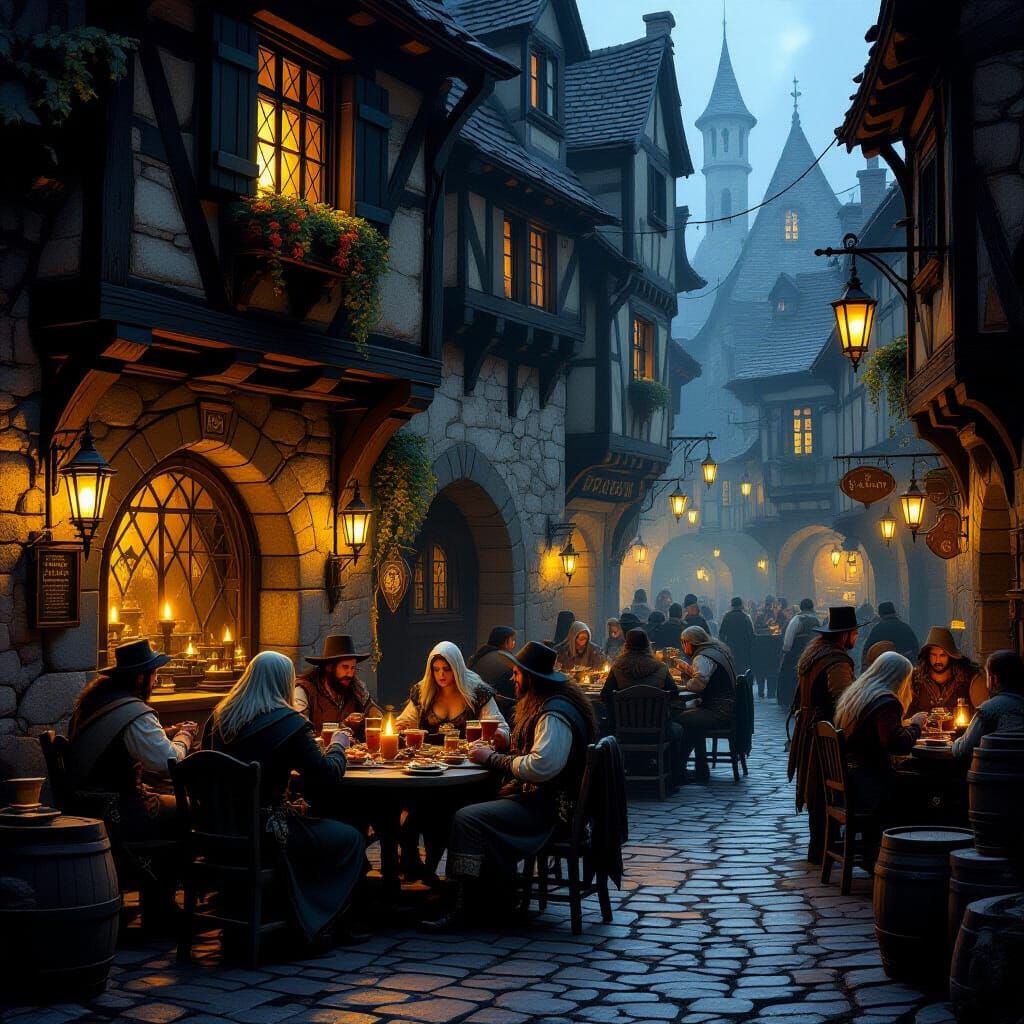 Medieval Tavern Scene with Lanterns and Old Streets