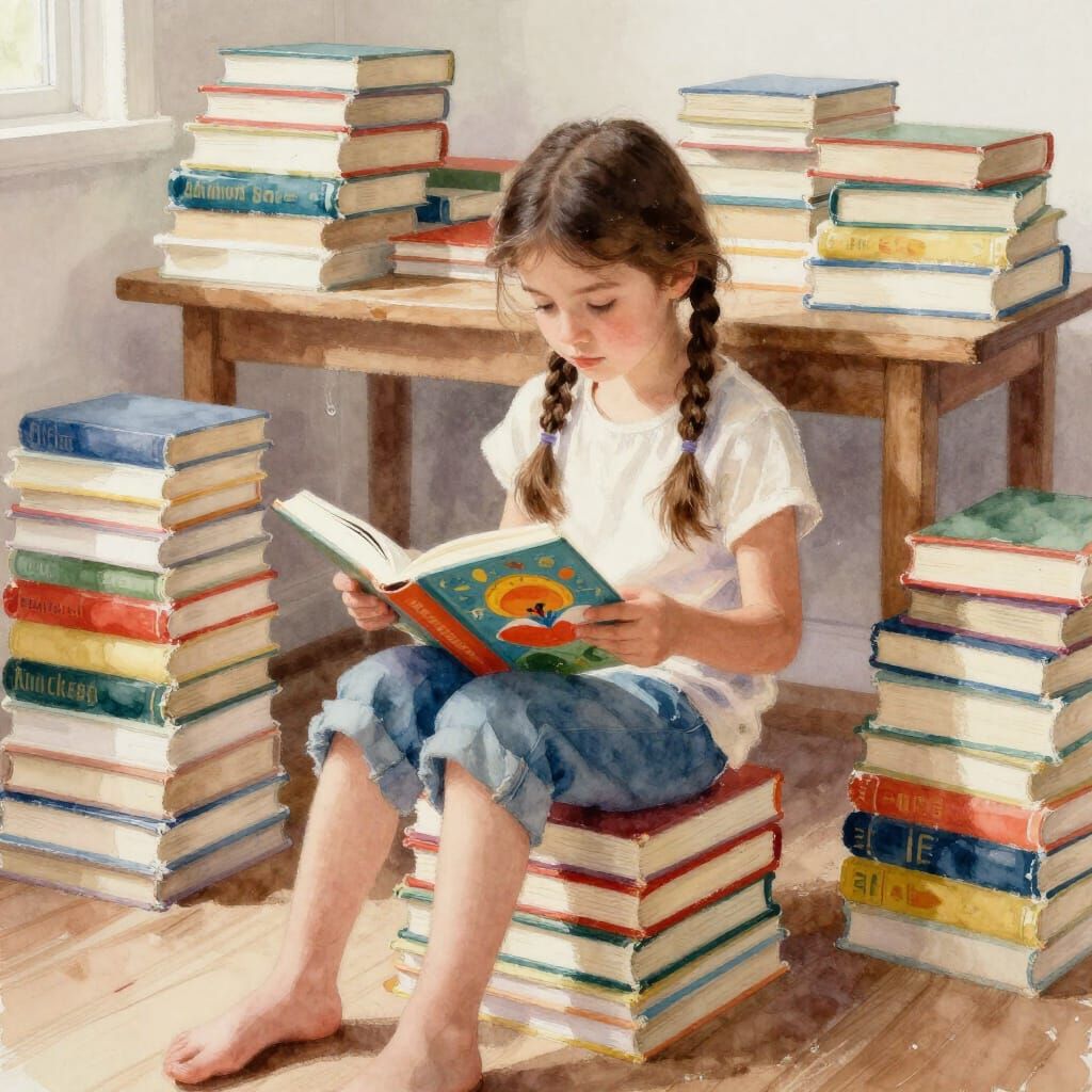 Girl Reading Amidst Towering Book Stacks in Watercolor Style