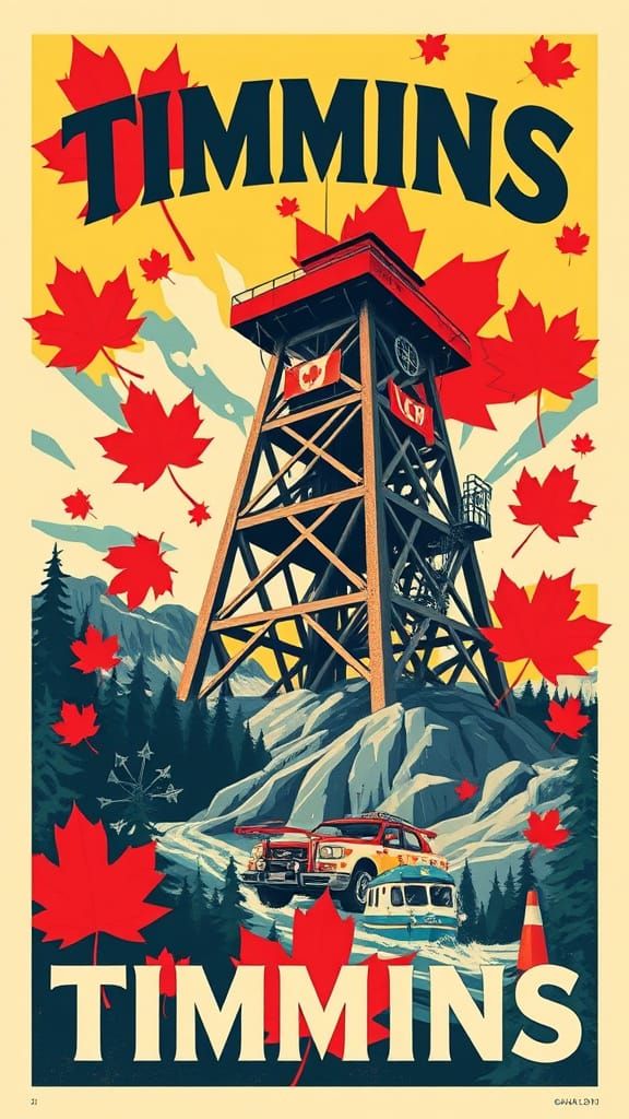Vibrant Timmins Ontario Propaganda Poster Celebrating Mining...