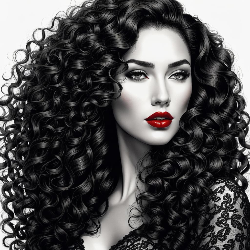 Detailed Etching of a Brunette with Red Lipstick