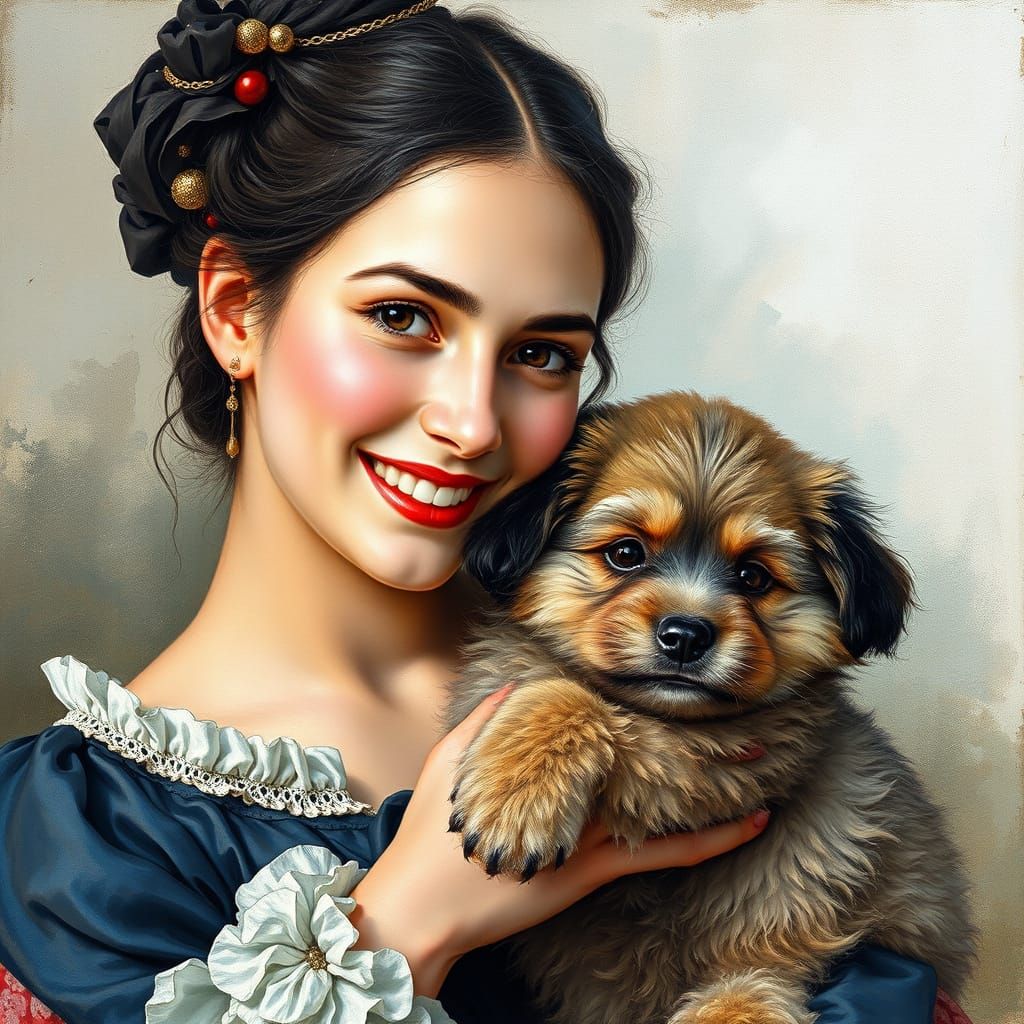 Charming 19th Century Spanish Lady with Puppy, Gouache Maste...