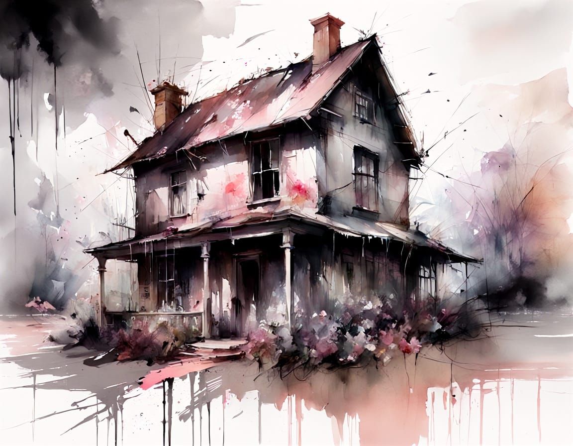 Eerie Abandoned Cottage in Expressive Watercolor Style