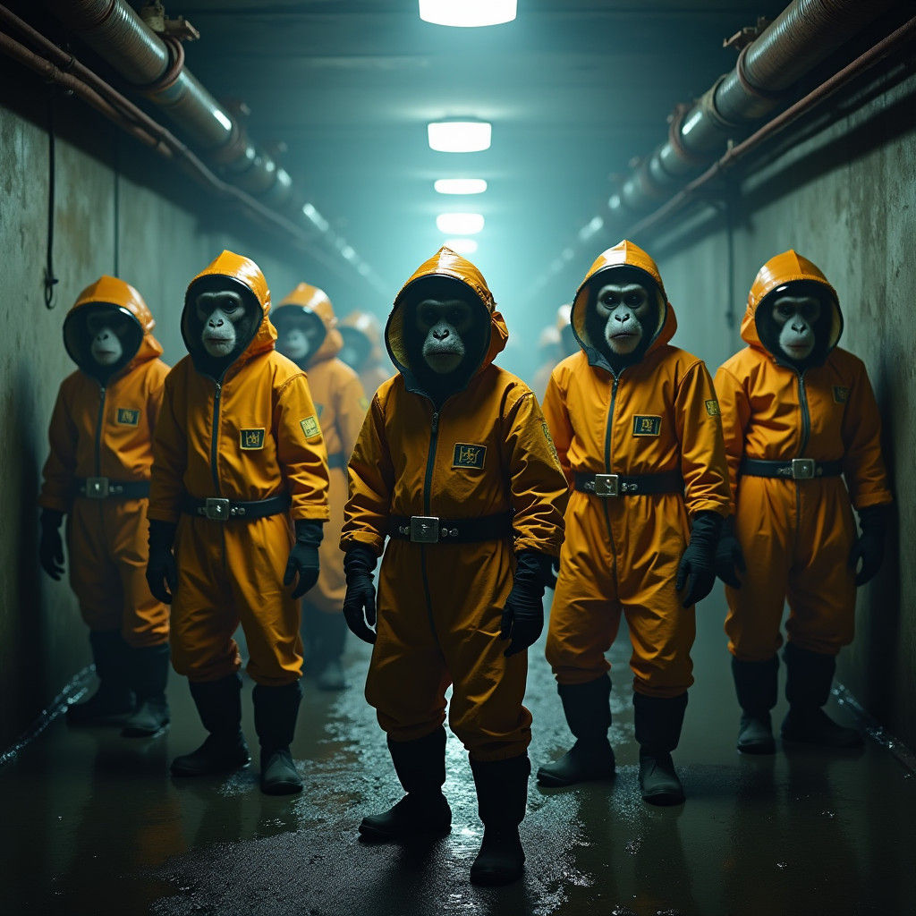 Monkeys in Goku Hazmat Suits in Sewer, Hyperrealistic