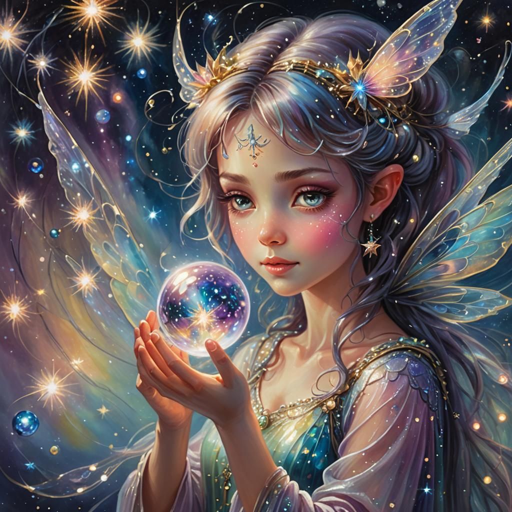Glass Fairy with Sparkling Orb in Galaxy