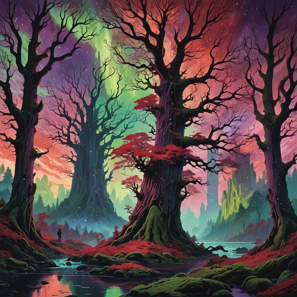 Enchanted Forest with Crimson Sky and Giant Deer