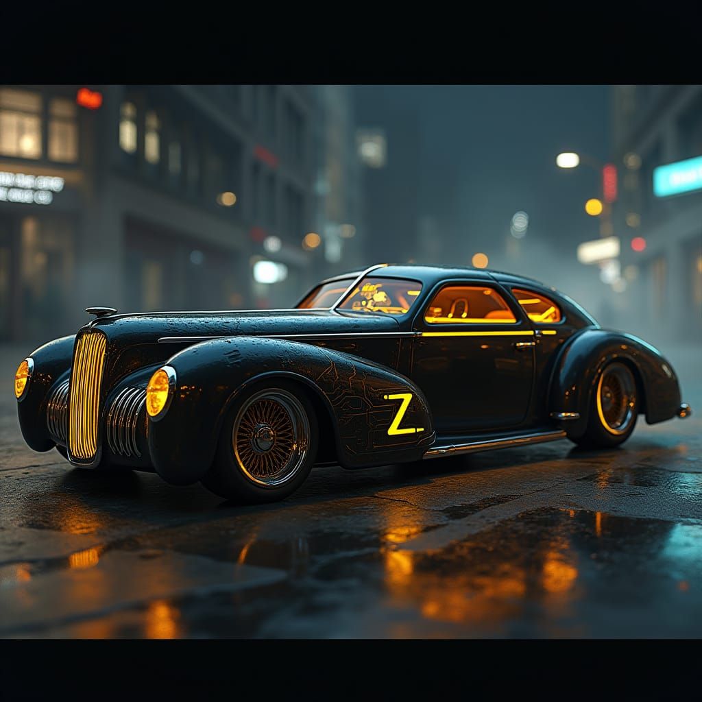 Retrofuturistic Cyberpunk Car Inspired by 1940s Design