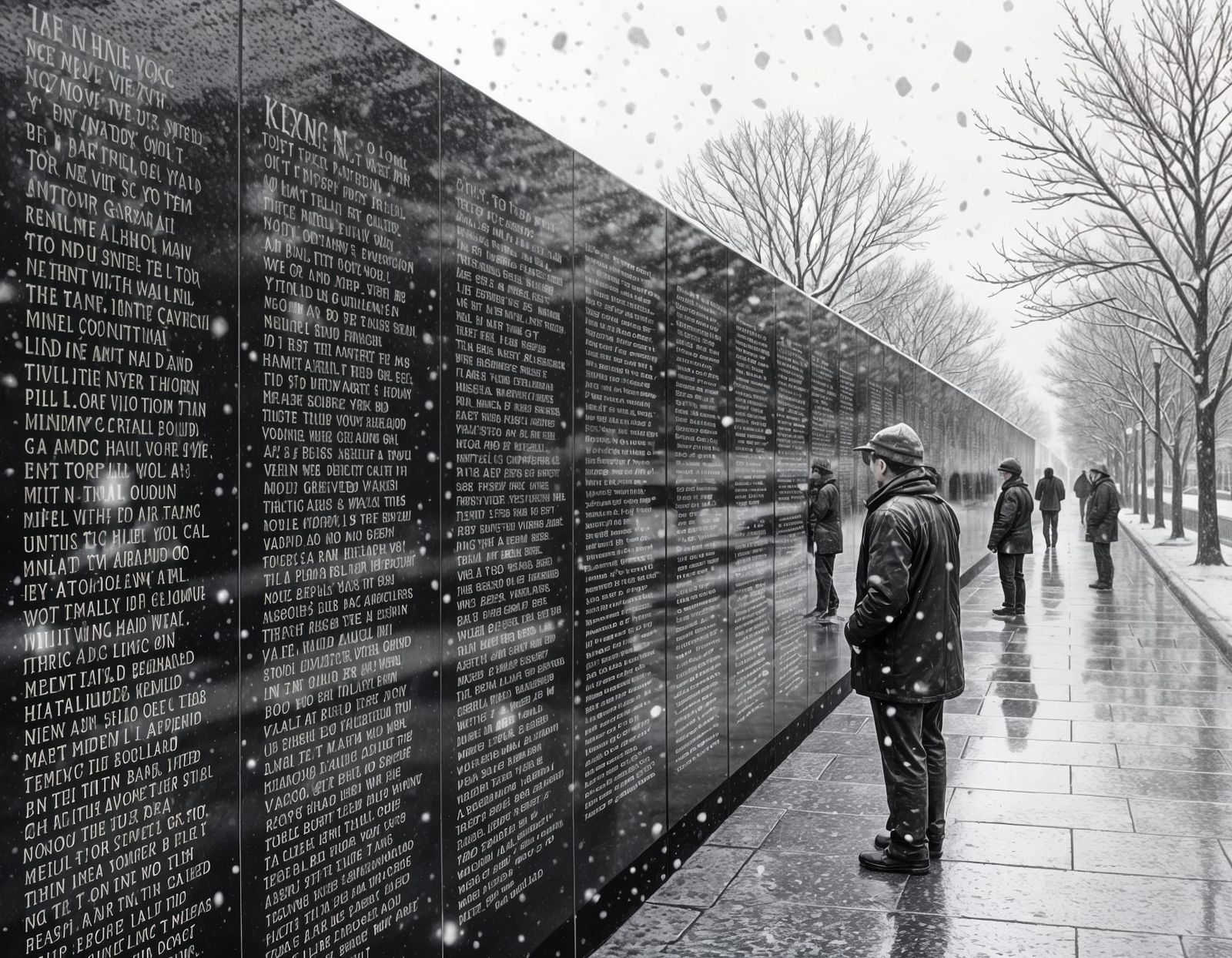 Vietnam Veterans Memorial: Intricate Pencil Sketch in Snow