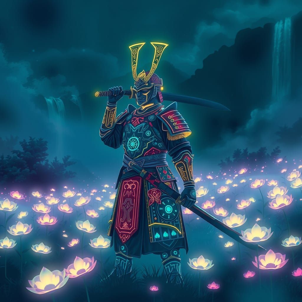 Bioluminescent Samurai in Cyberpunk Flower Field