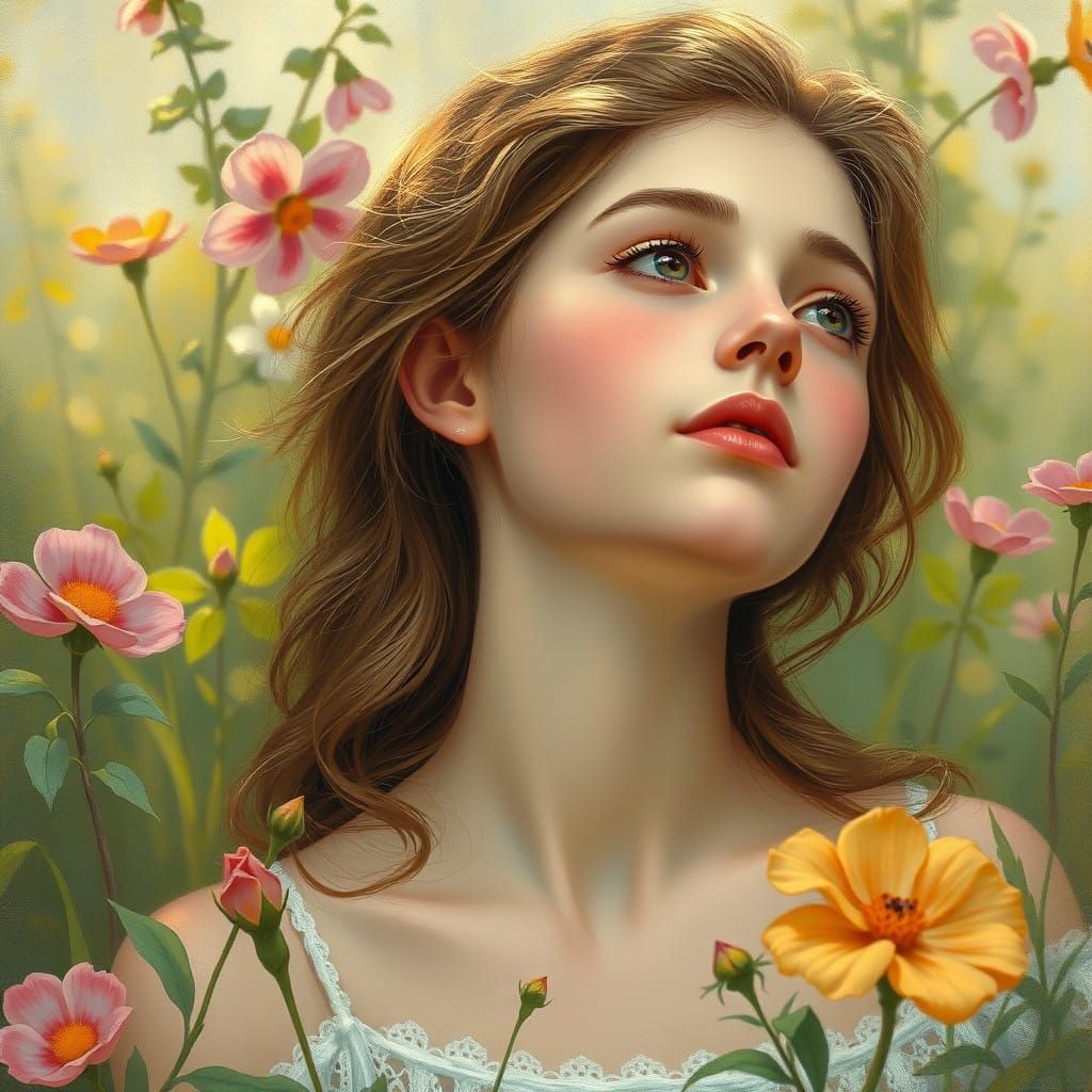 Dreamy Woman Lost in Whimsical Garden of Roses