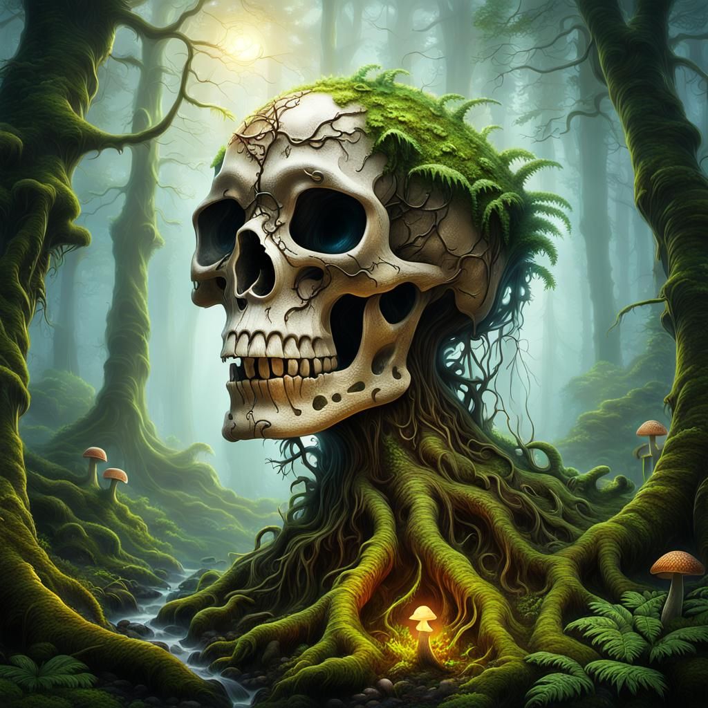 Skull Tree in Misty Forest, Thomas Kinkade Style