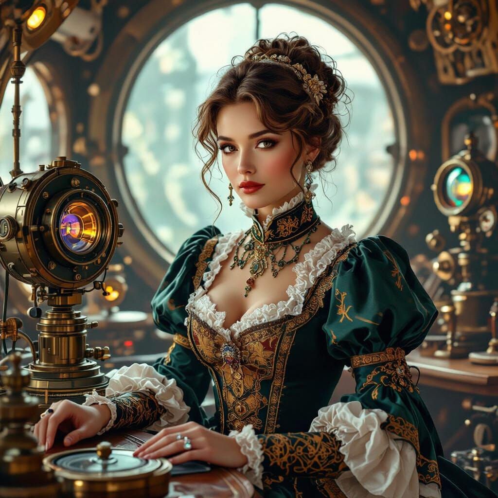 Victorian Woman in Retro-Futuristic Stereoscopic Scene