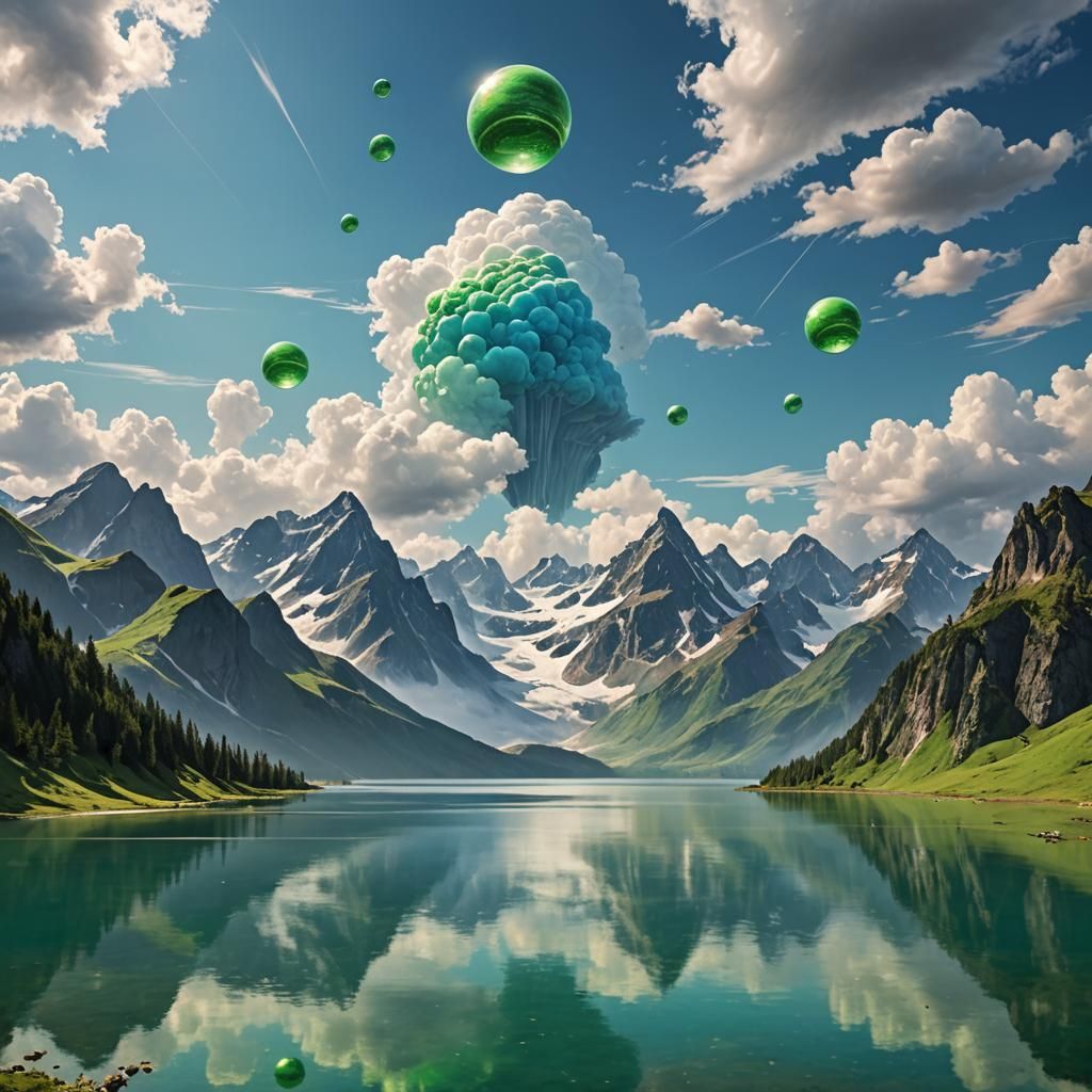 Mountain Lake with Flying Green Orbs