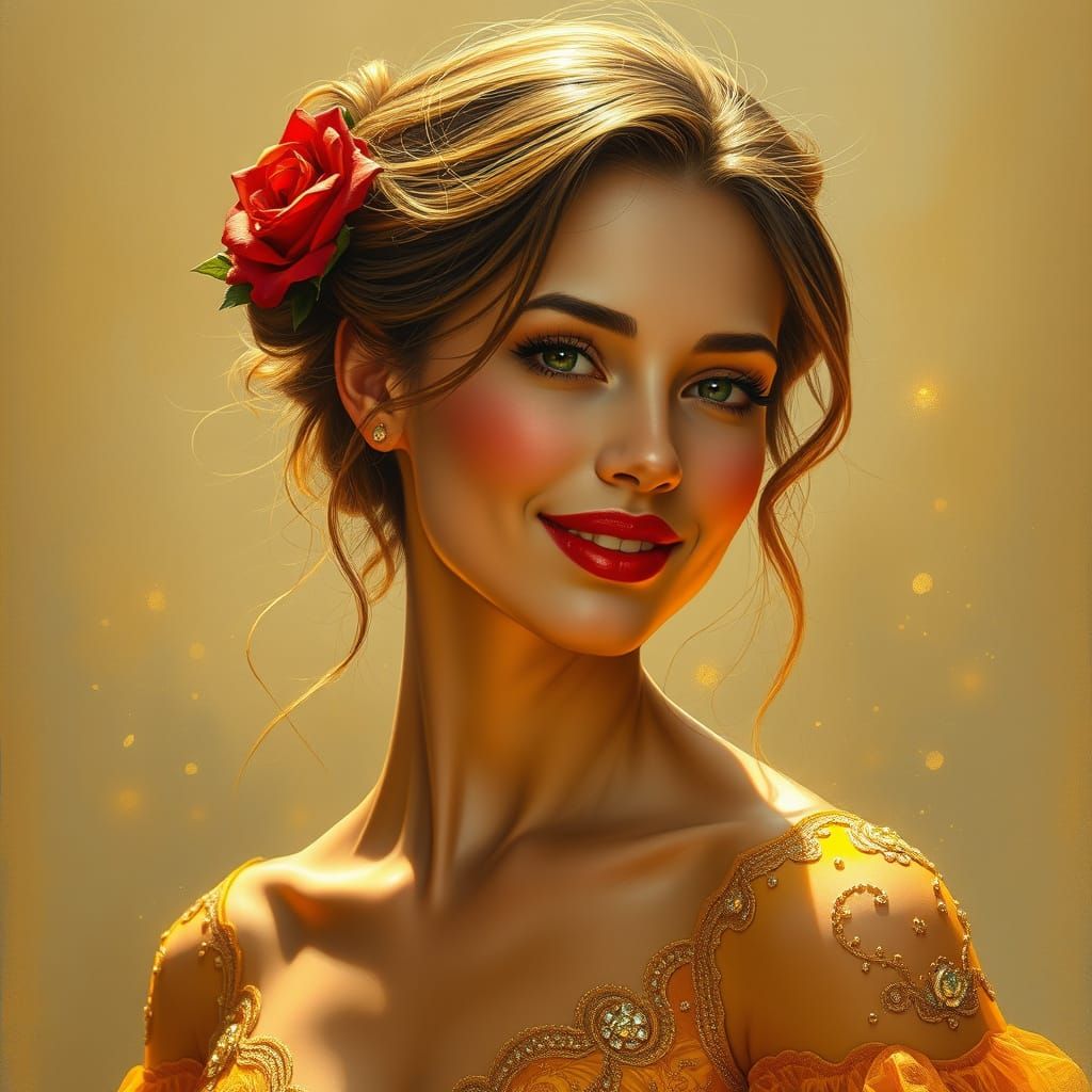 Enchanting Woman in Whimsical, Golden Attire
