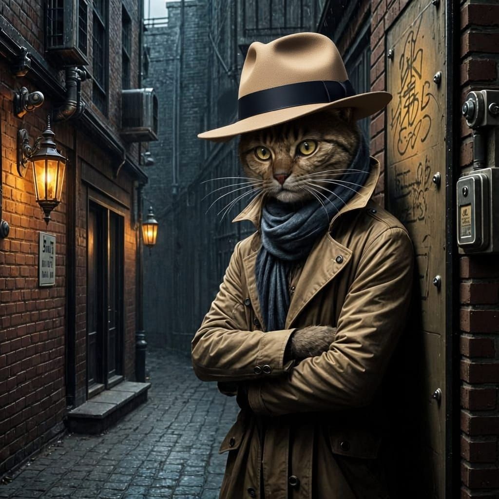 Grizzled Cat PI in Steampunk Noir Alleyway