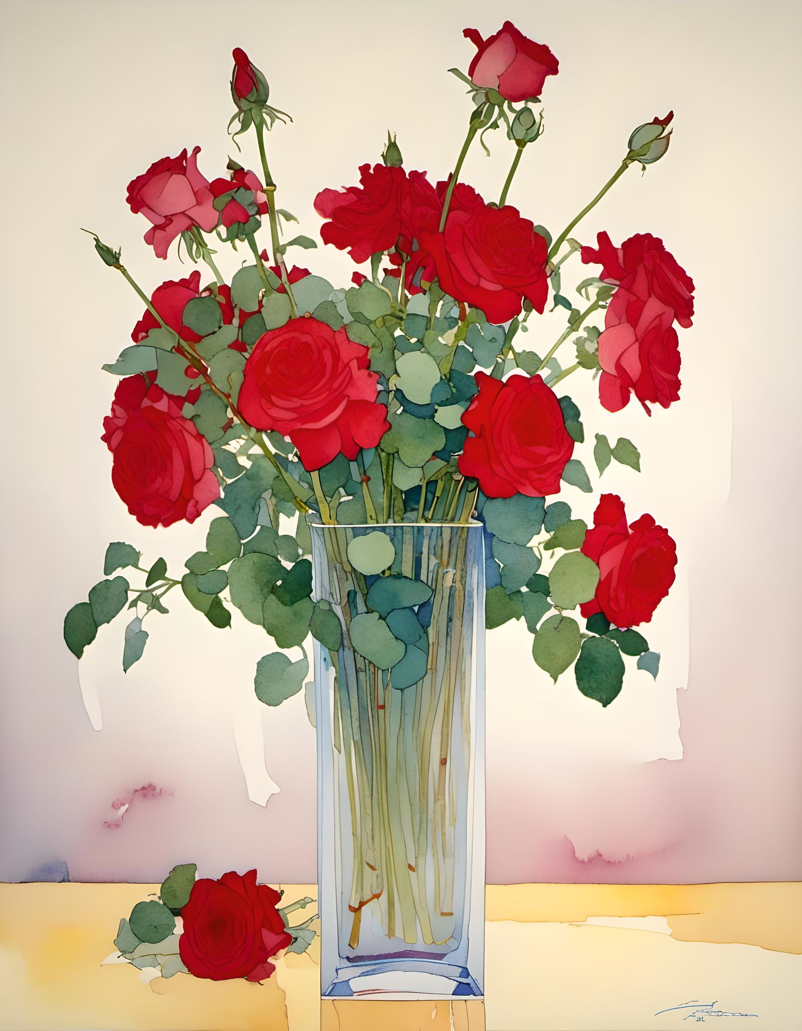 Watercolor Red Roses in Vase Illustration