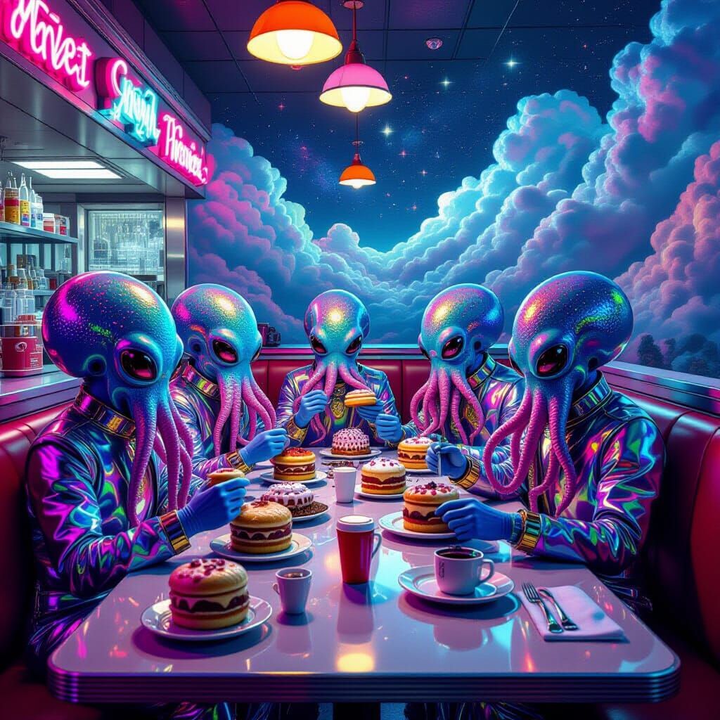 Extraterrestrial Octopuses Devouring Cakes in Neon Diner