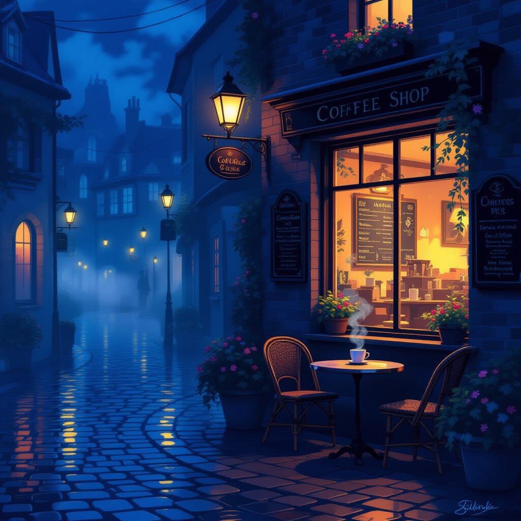 Dreamy Night Coffee Scene Concept Art