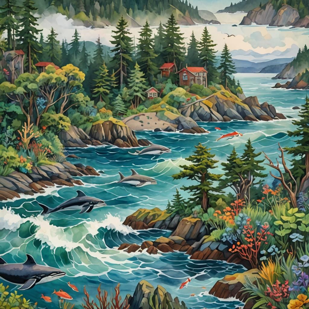 Pacific Northwest Ocean Animals in Gouache Style