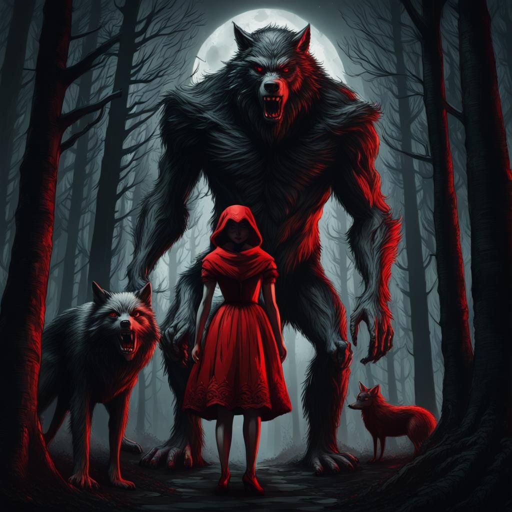 Werewolf and Red Riding Hood in Dark Woods
