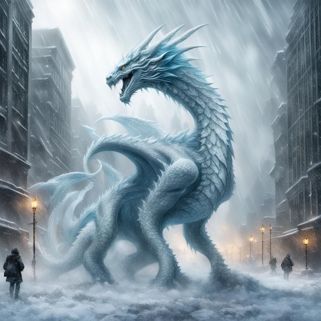 Ice Dragon in Blizzard Over City: Digital Painting