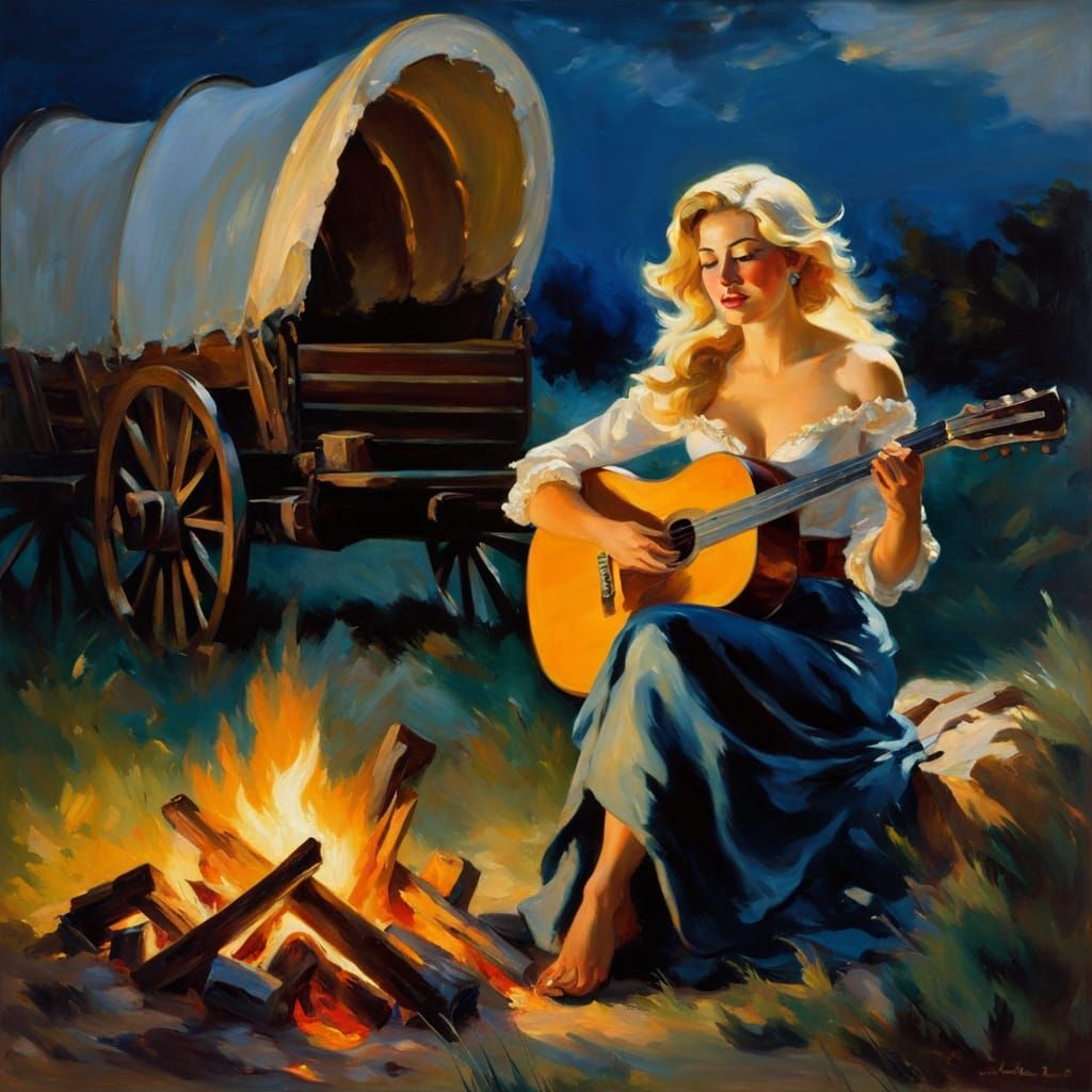 Impressionistic Saloon Woman Sings by Campfire