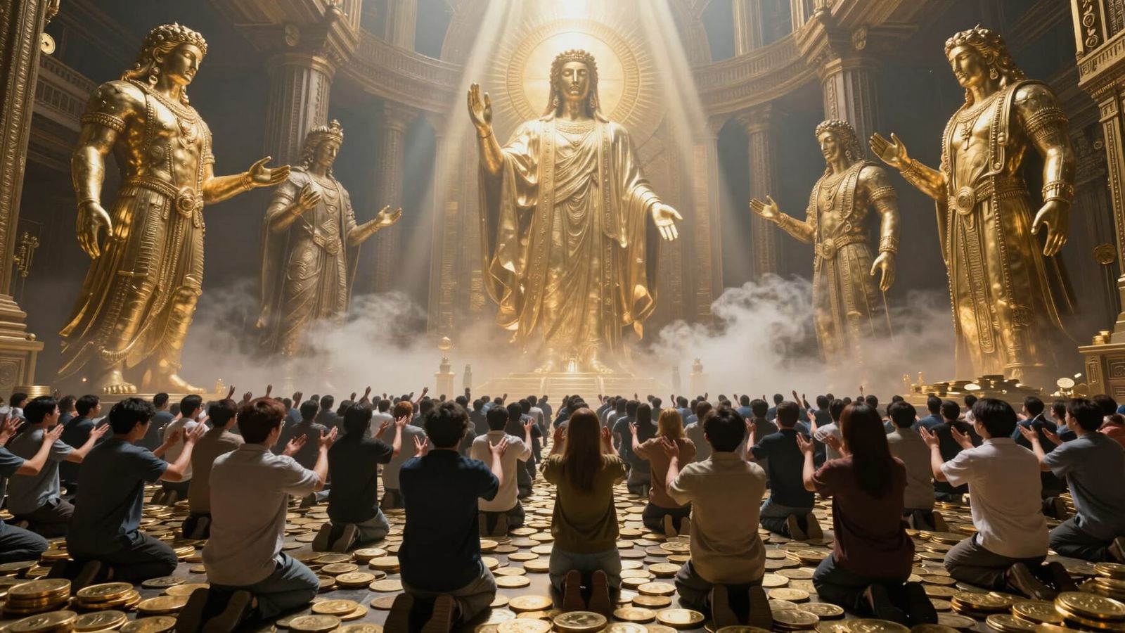 Dystopian Scene: Kneeling Crowd Before Golden Idols
