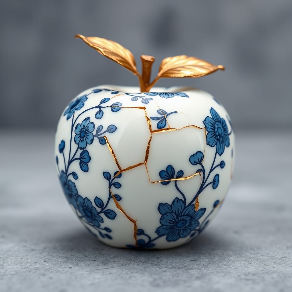 Porcelain Apple with Gold Seams and Floral Design