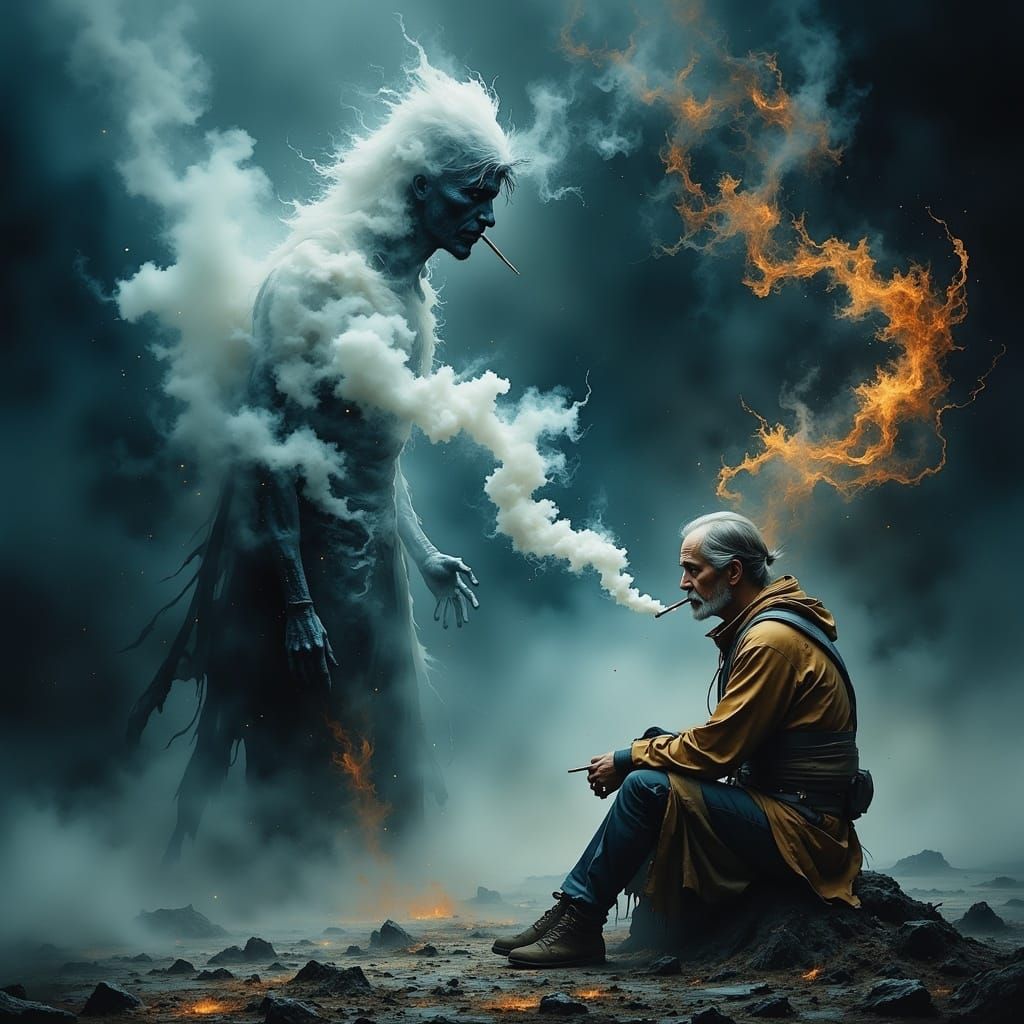 Surreal Scene of a Man and His Ghostly Shadow Engage in a Sm...