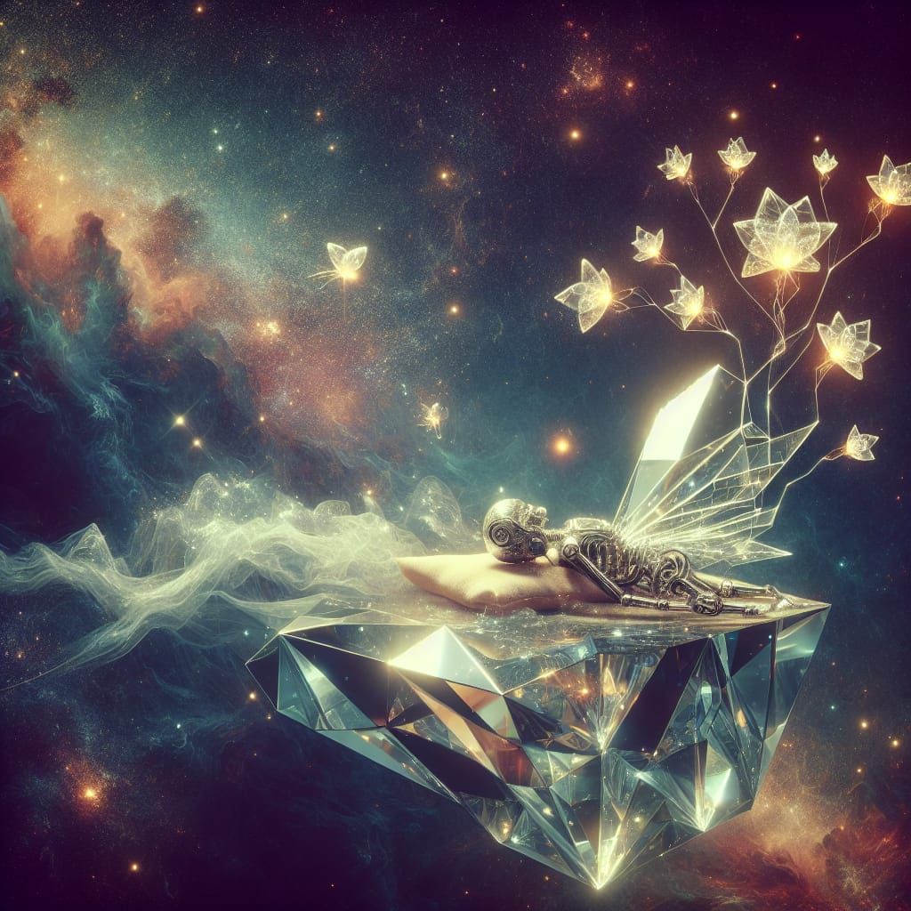 Vintage-Style Glass Automaton in Ethereal Cosmic Dreamscape