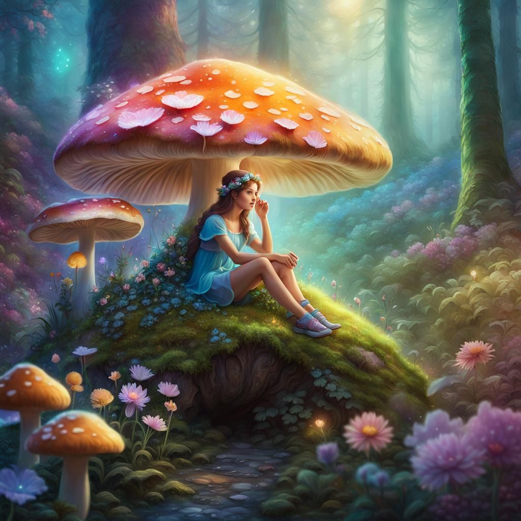 Ethereal Fairy on Mushroom in Forest, Digital Art