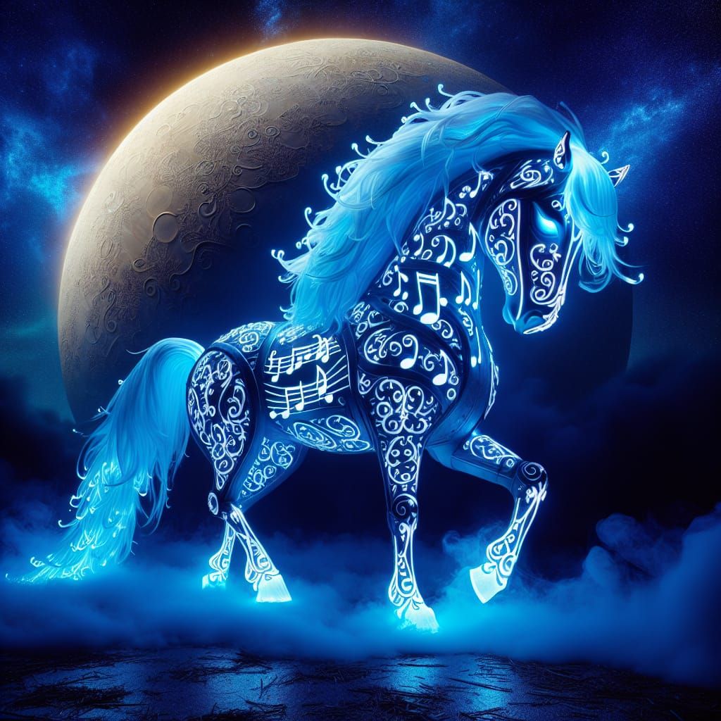 Bioluminescent Horse with Musical Mane Under Moonlight