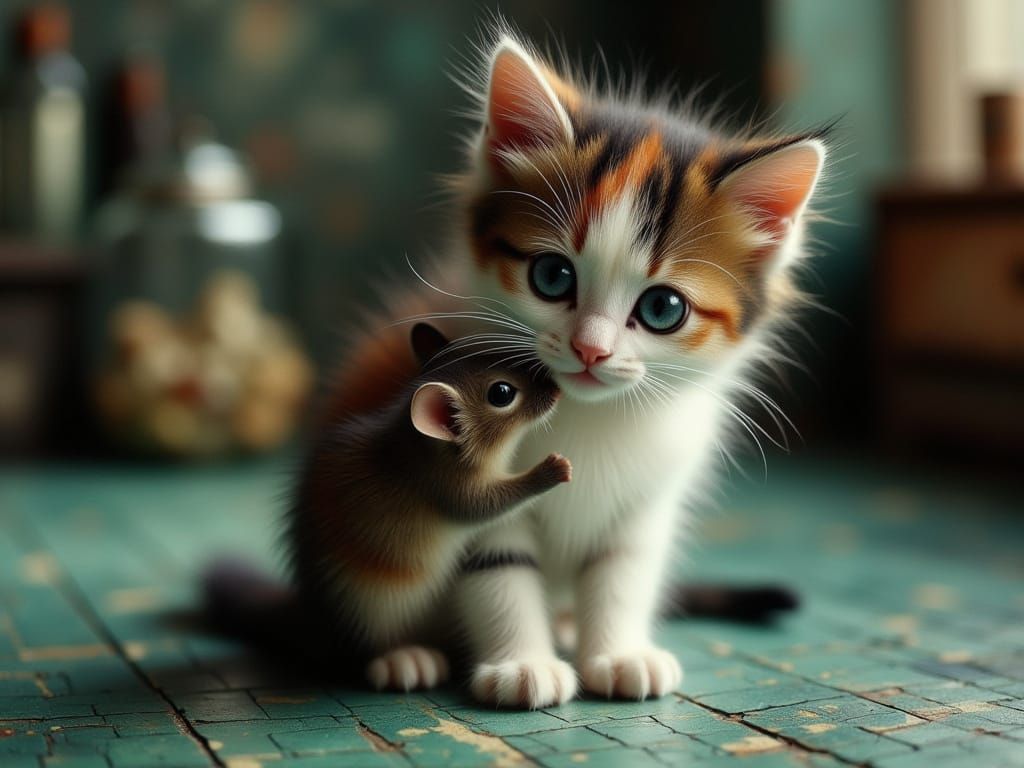 Calico Kitten and Mouse Play on Counter