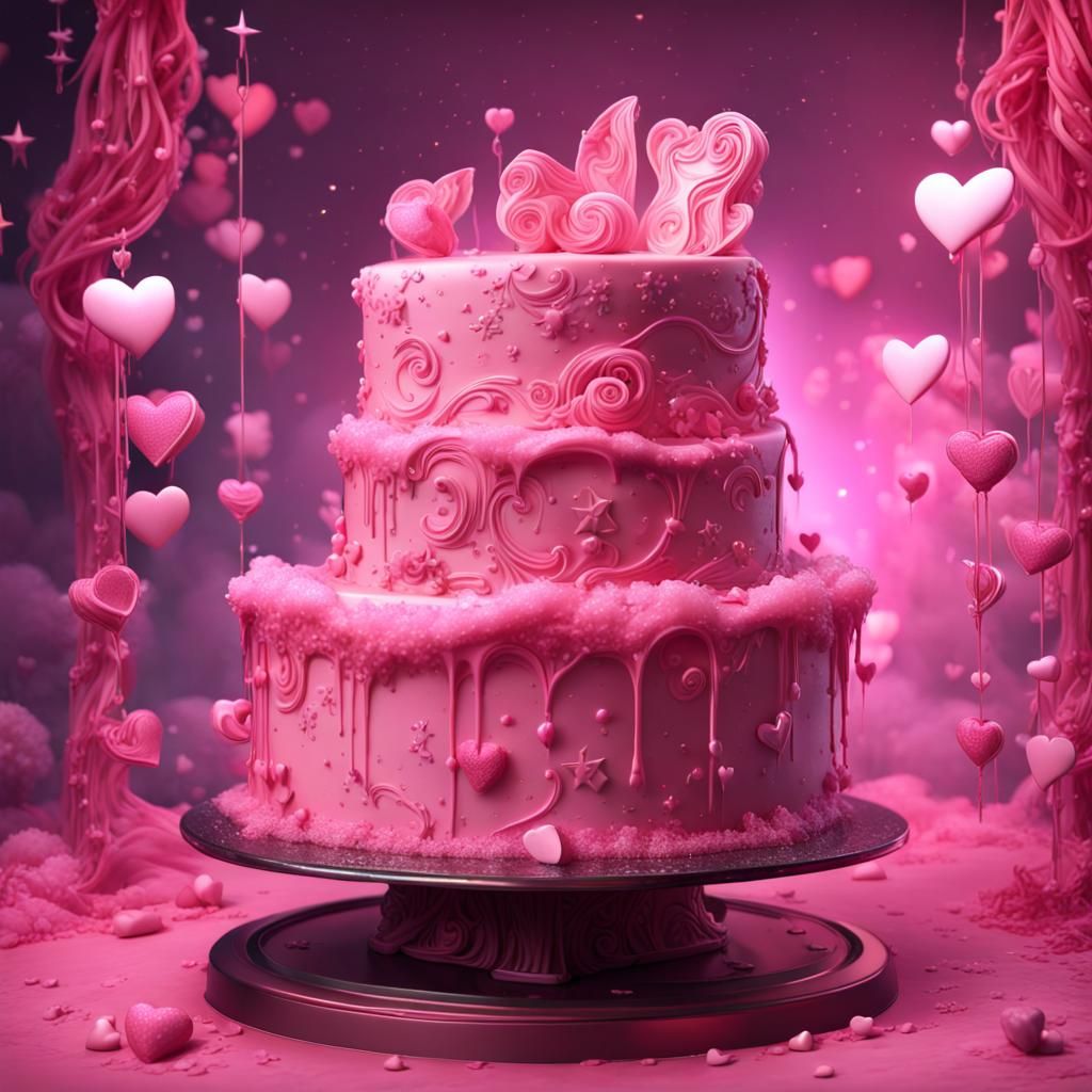 Fluffy Pink Cake with Hearts in Digital Art